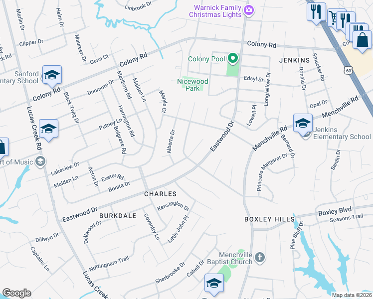 map of restaurants, bars, coffee shops, grocery stores, and more near 14 Bonita Drive in Newport News