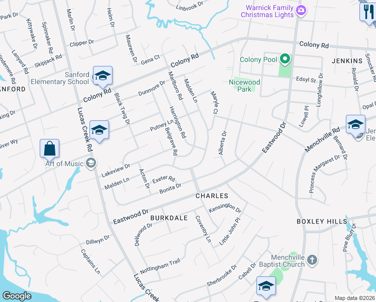map of restaurants, bars, coffee shops, grocery stores, and more near 109 Harrington Road in Newport News