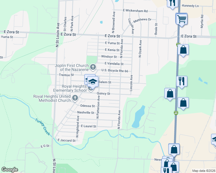 map of restaurants, bars, coffee shops, grocery stores, and more near 2431 Rolla Street in Joplin