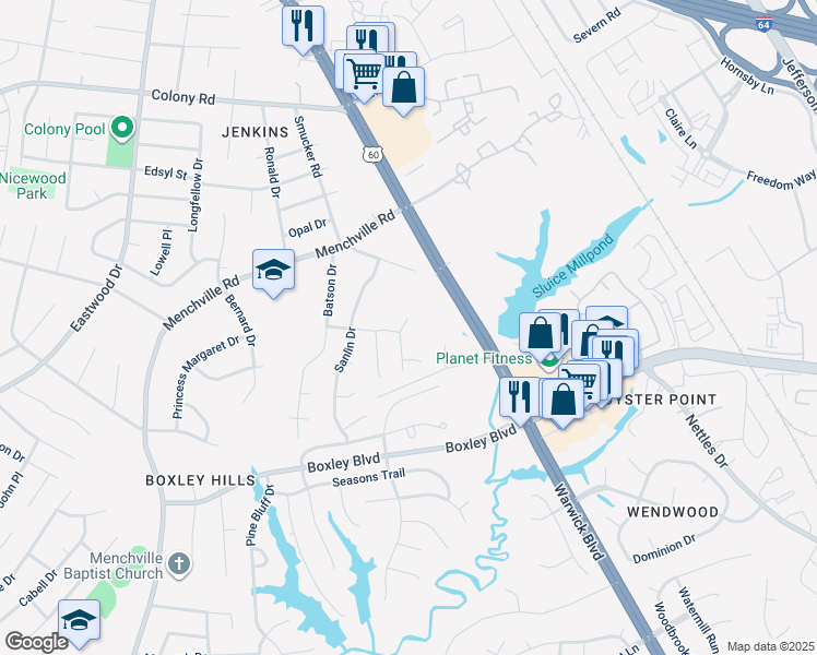 map of restaurants, bars, coffee shops, grocery stores, and more near 306 Charity Ln in Newport News