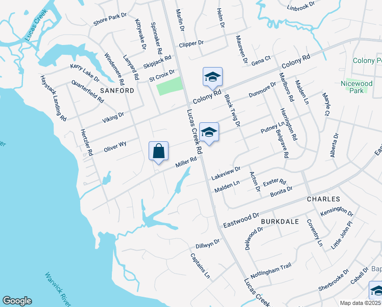 map of restaurants, bars, coffee shops, grocery stores, and more near 301 Lucas Creek Rd in Newport News