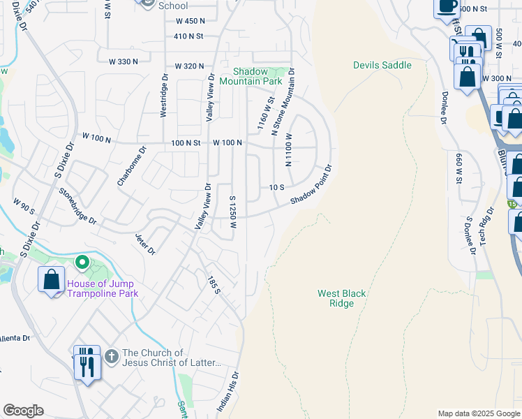 map of restaurants, bars, coffee shops, grocery stores, and more near 1176 Shadow Point Dr in St George