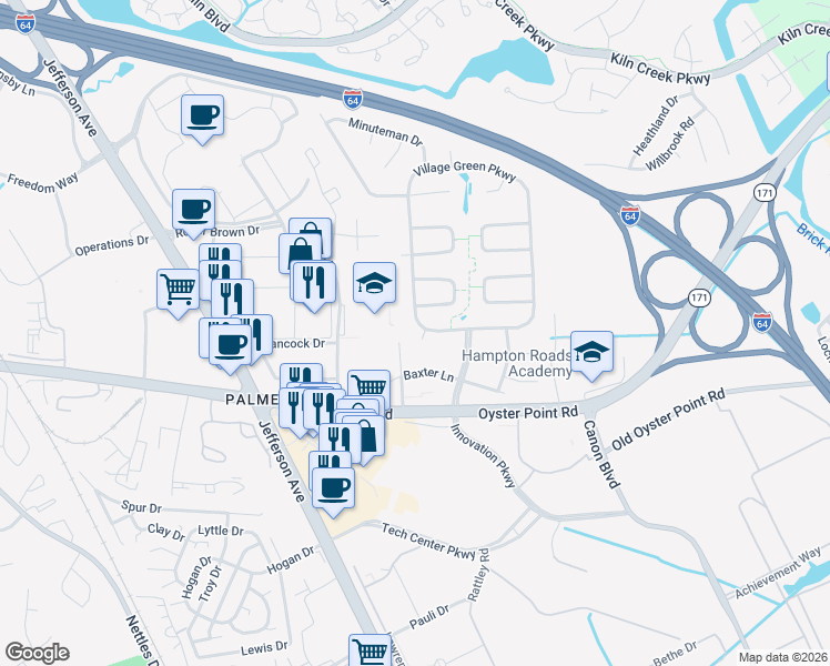 map of restaurants, bars, coffee shops, grocery stores, and more near 702 Village Green Parkway in Newport News