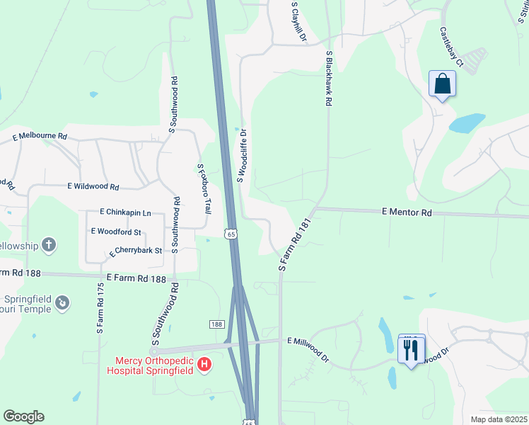 map of restaurants, bars, coffee shops, grocery stores, and more near 5841 S Woodcliffe Dr in Springfield