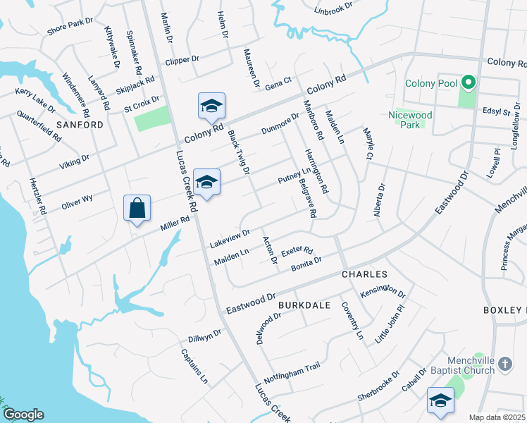 map of restaurants, bars, coffee shops, grocery stores, and more near 124 Plainfield Drive in Newport News