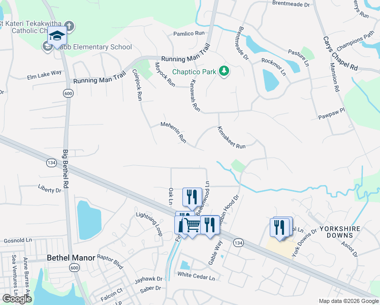 map of restaurants, bars, coffee shops, grocery stores, and more near 404 Meherrin Run in Yorktown