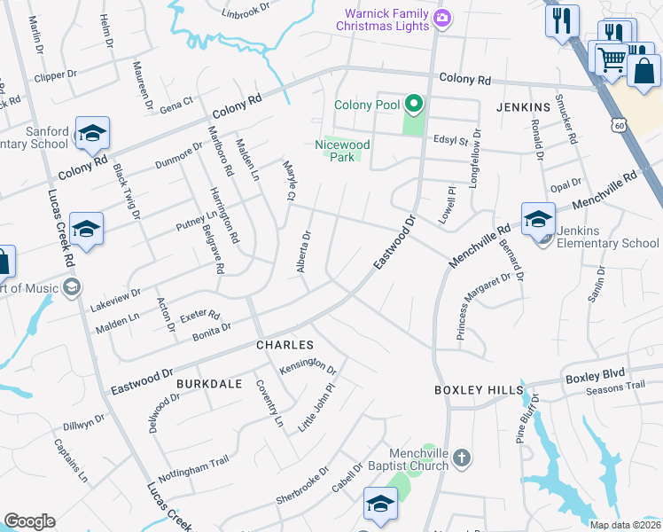map of restaurants, bars, coffee shops, grocery stores, and more near 14 Bonita Drive in Newport News