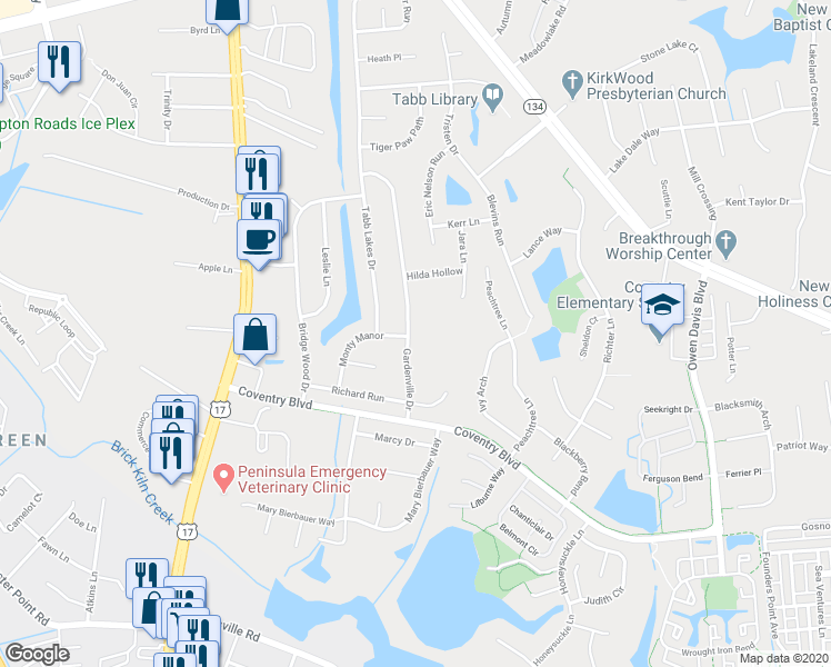 map of restaurants, bars, coffee shops, grocery stores, and more near 217 Gardenville Drive in Yorktown