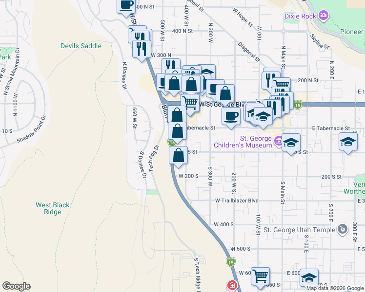 map of restaurants, bars, coffee shops, grocery stores, and more near 80 South 400 West in St. George