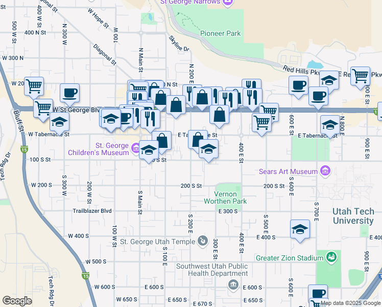 map of restaurants, bars, coffee shops, grocery stores, and more near 75 South 200 East in St. George