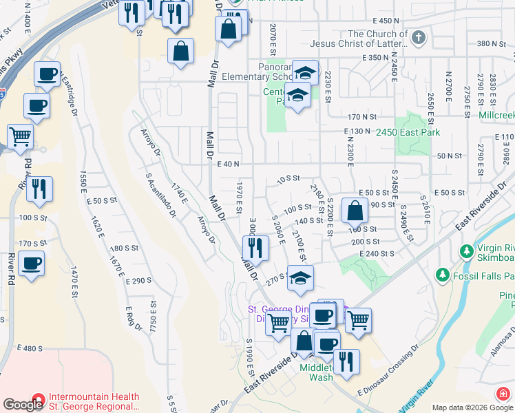 map of restaurants, bars, coffee shops, grocery stores, and more near 79 South 1970 East in St. George