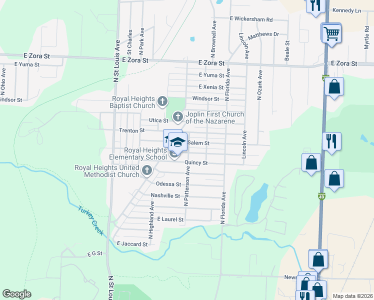 map of restaurants, bars, coffee shops, grocery stores, and more near 2231 Rolla Street in Joplin