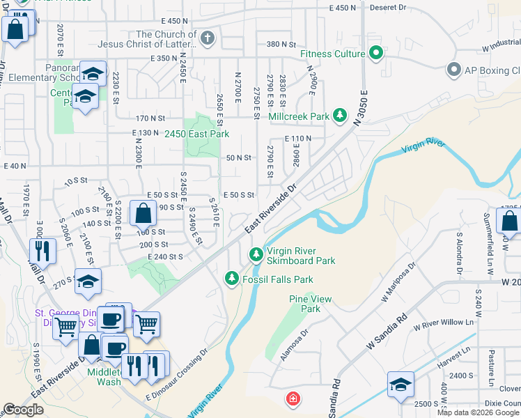 map of restaurants, bars, coffee shops, grocery stores, and more near 2752 East 50 South Street in St. George