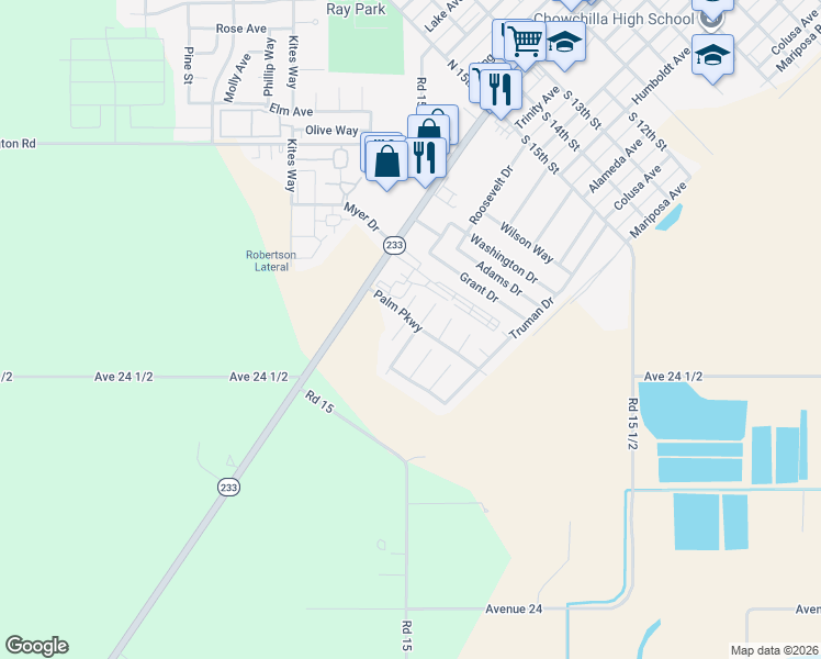 map of restaurants, bars, coffee shops, grocery stores, and more near 2103 Kennedy Court in Chowchilla