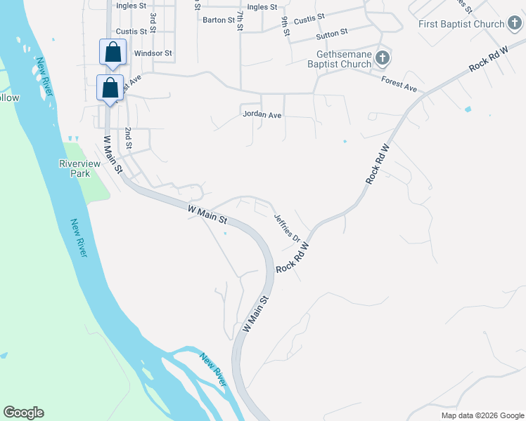 map of restaurants, bars, coffee shops, grocery stores, and more near 202 Jeffries Drive in Radford