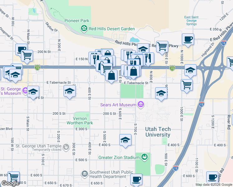 map of restaurants, bars, coffee shops, grocery stores, and more near 58 South 600 East in St. George
