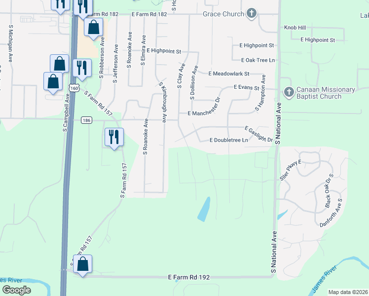 map of restaurants, bars, coffee shops, grocery stores, and more near 5898 South Clay Avenue in Springfield