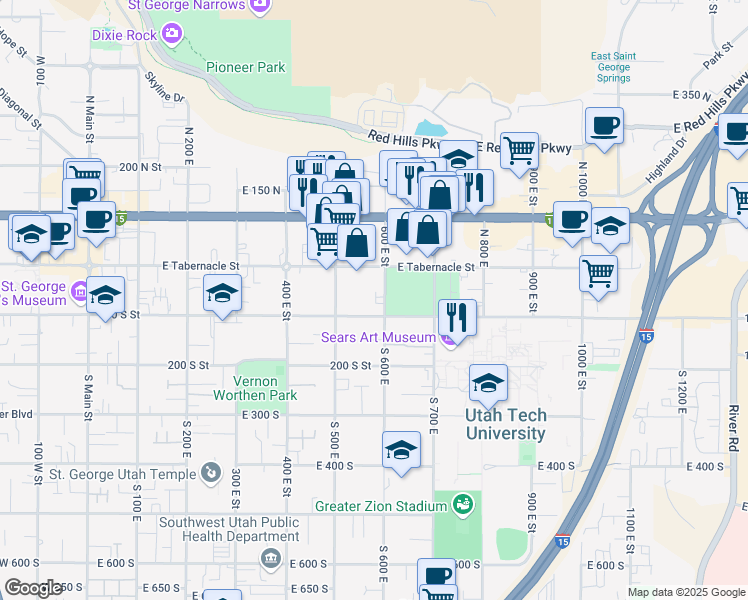 map of restaurants, bars, coffee shops, grocery stores, and more near 58 South 600 East in St. George
