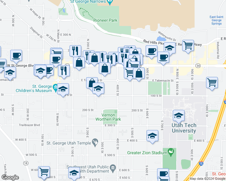 map of restaurants, bars, coffee shops, grocery stores, and more near 80 South 400 East in St. George