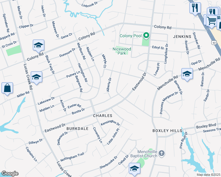 map of restaurants, bars, coffee shops, grocery stores, and more near 108 Alberta Drive in Newport News