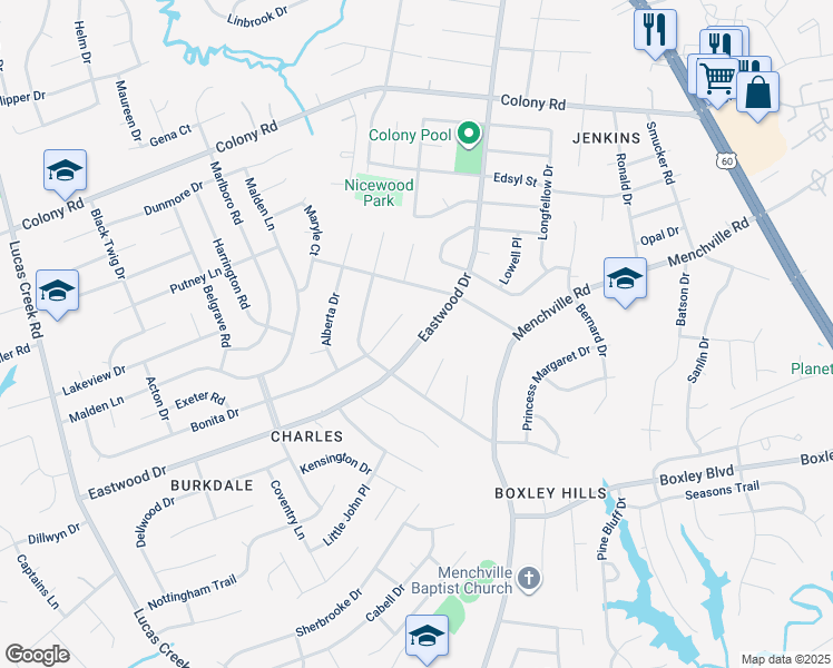 map of restaurants, bars, coffee shops, grocery stores, and more near 275 Eastwood Drive in Newport News