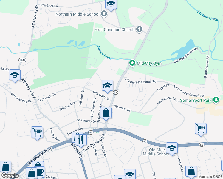 map of restaurants, bars, coffee shops, grocery stores, and more near 511 University Drive in Somerset