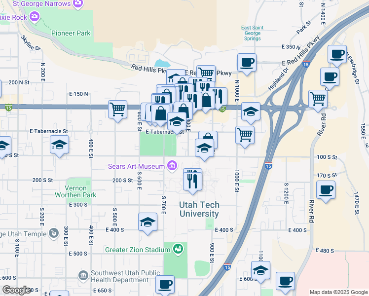 map of restaurants, bars, coffee shops, grocery stores, and more near 68 South 800 East in St. George