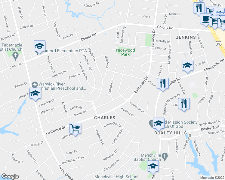 map of restaurants, bars, coffee shops, grocery stores, and more near 108 Alberta Drive in Newport News