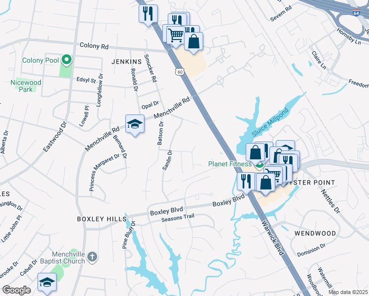 map of restaurants, bars, coffee shops, grocery stores, and more near 205 Faith Avenue in Newport News