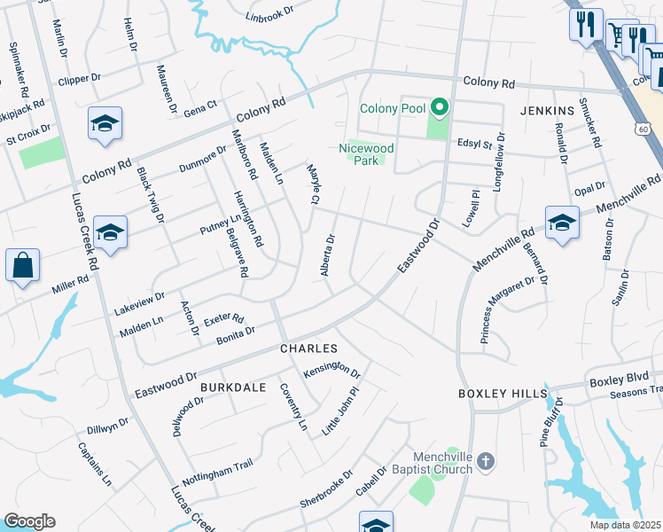 map of restaurants, bars, coffee shops, grocery stores, and more near 108 Alberta Drive in Newport News