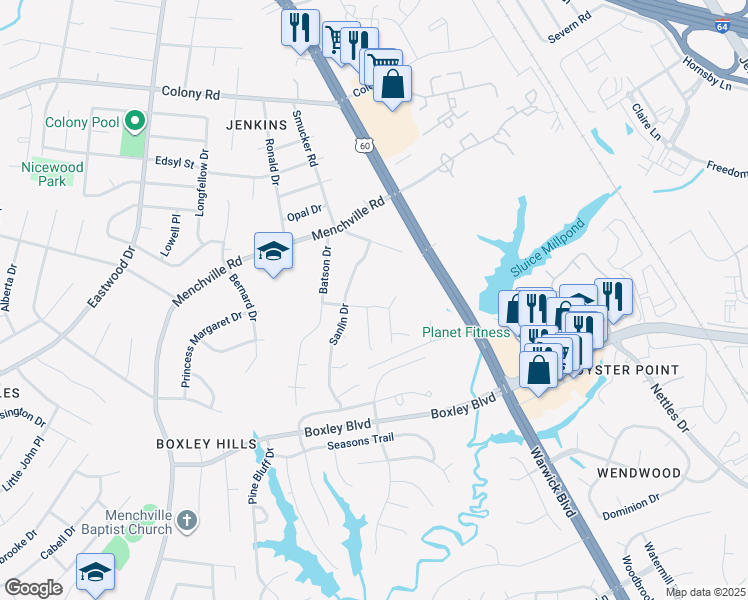 map of restaurants, bars, coffee shops, grocery stores, and more near 205 Faith Avenue in Newport News