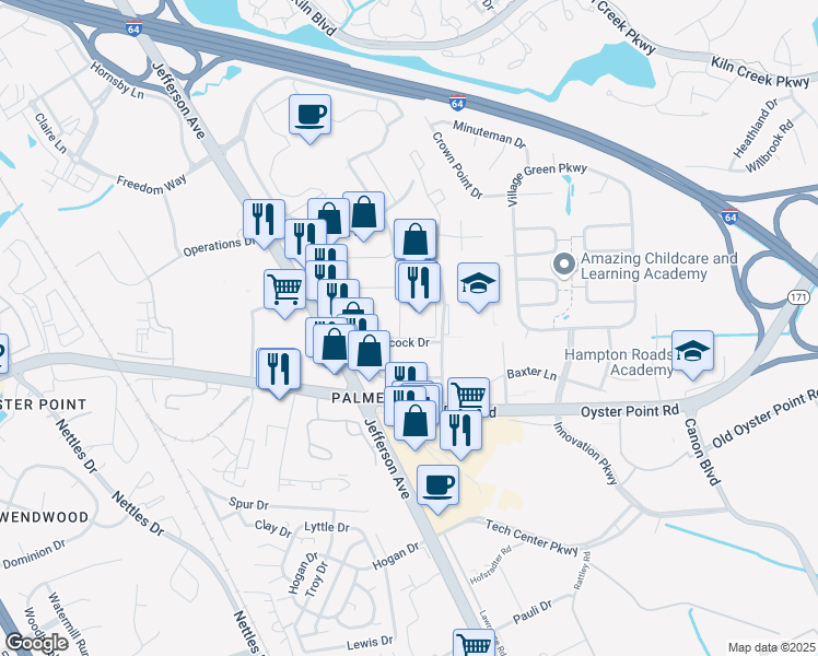 map of restaurants, bars, coffee shops, grocery stores, and more near 12130 Jefferson Avenue in Newport News