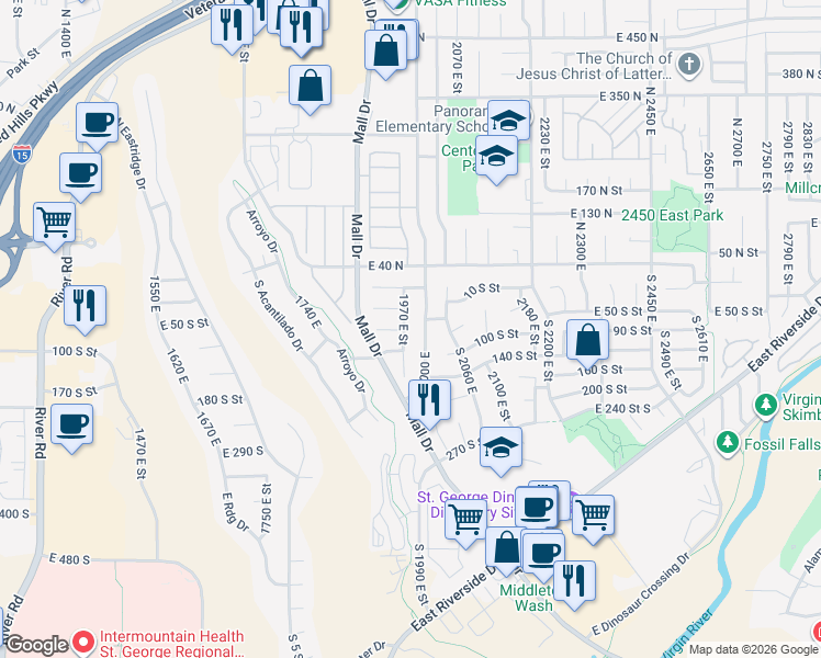 map of restaurants, bars, coffee shops, grocery stores, and more near 79 South 1970 East in St. George