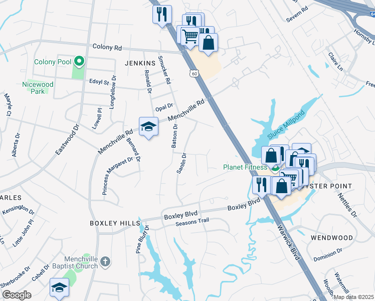 map of restaurants, bars, coffee shops, grocery stores, and more near 286 Sanlin Drive in Newport News