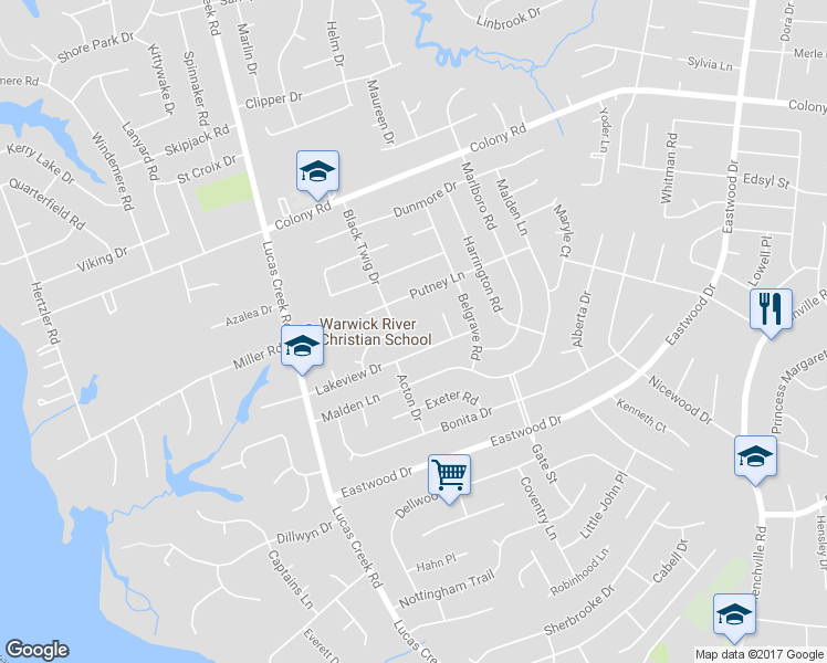 map of restaurants, bars, coffee shops, grocery stores, and more near 128 Plainfield Drive in Newport News
