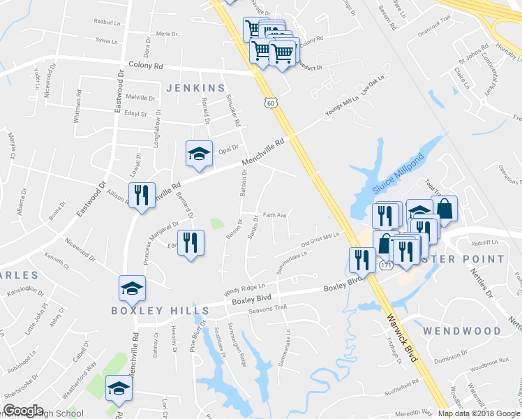 map of restaurants, bars, coffee shops, grocery stores, and more near 286 Sanlin Drive in Newport News