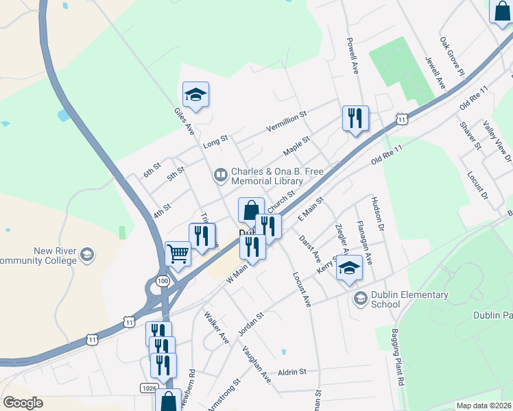 map of restaurants, bars, coffee shops, grocery stores, and more near 722 Park Avenue in Pulaski
