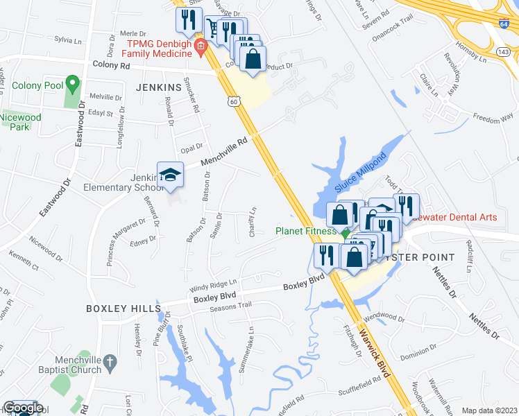 map of restaurants, bars, coffee shops, grocery stores, and more near 304 Charity Lane in Newport News