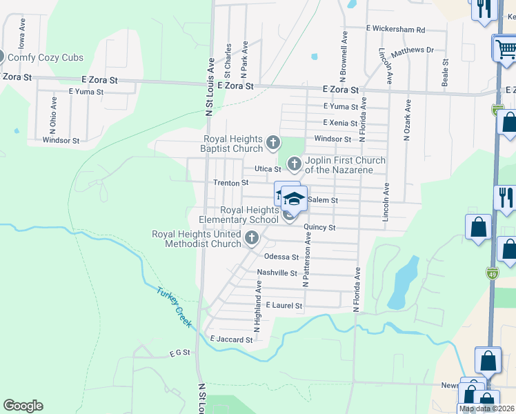 map of restaurants, bars, coffee shops, grocery stores, and more near 2011 Rolla Street in Joplin