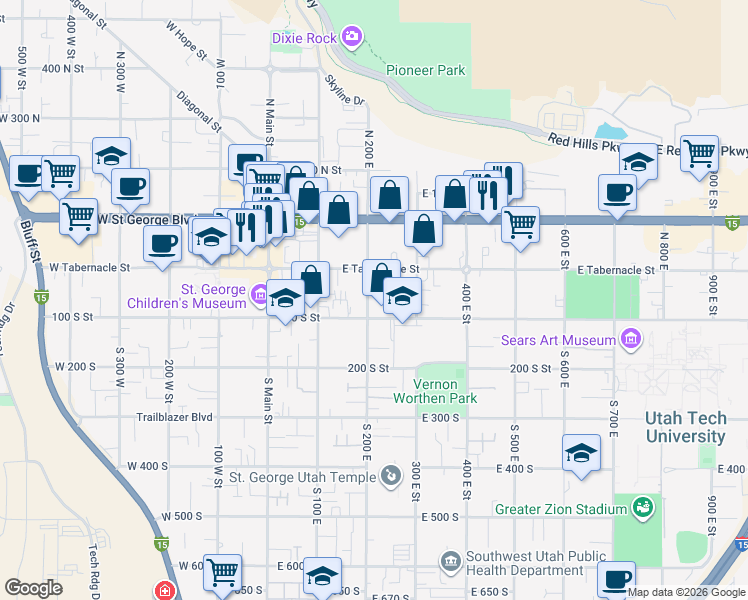 map of restaurants, bars, coffee shops, grocery stores, and more near 75 South 200 East in St. George