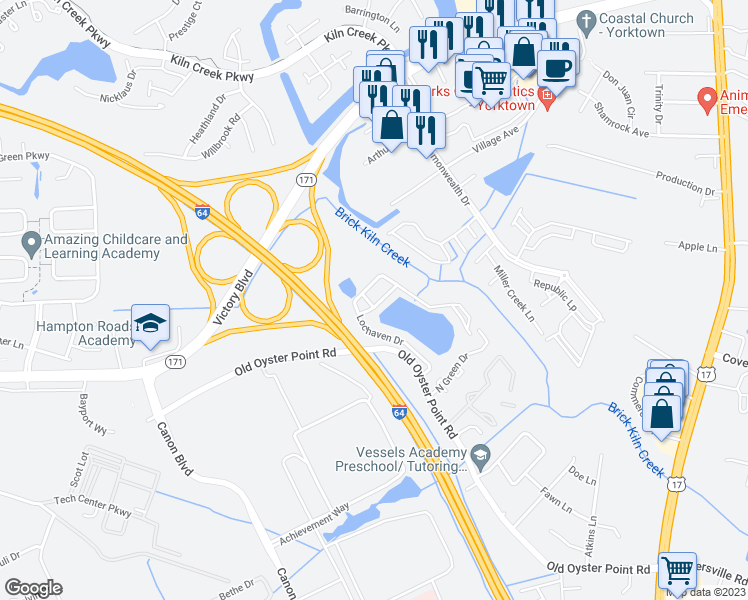 map of restaurants, bars, coffee shops, grocery stores, and more near 146 Lochview Drive in Newport News