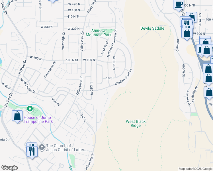 map of restaurants, bars, coffee shops, grocery stores, and more near 1150 Shadow Point Drive in St. George