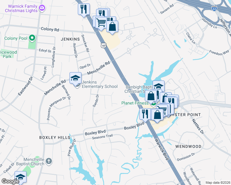 map of restaurants, bars, coffee shops, grocery stores, and more near 304 Charity Lane in Newport News