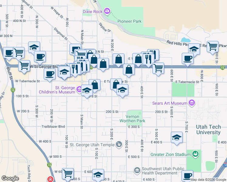 map of restaurants, bars, coffee shops, grocery stores, and more near 75 South 200 East in St. George