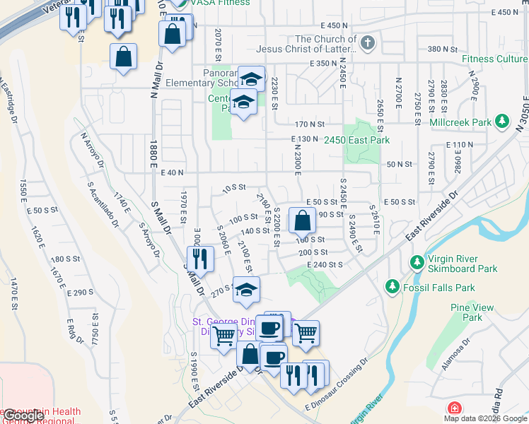 map of restaurants, bars, coffee shops, grocery stores, and more near 2177 East 100 South in St. George