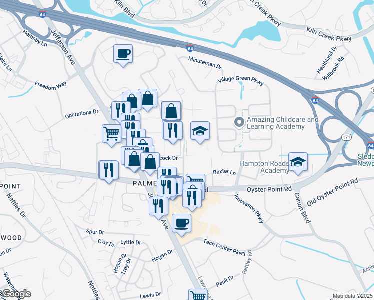 map of restaurants, bars, coffee shops, grocery stores, and more near 2106 Criston Drive in Newport News