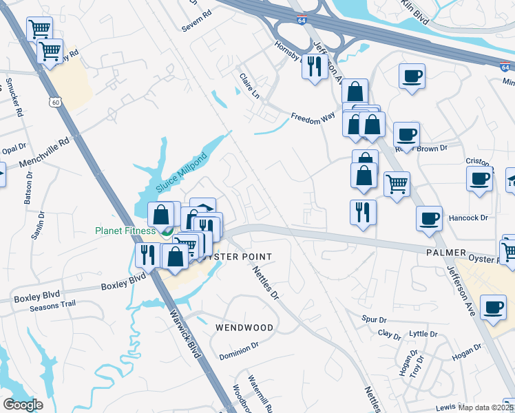 map of restaurants, bars, coffee shops, grocery stores, and more near 443 Oyster Point Road in Newport News