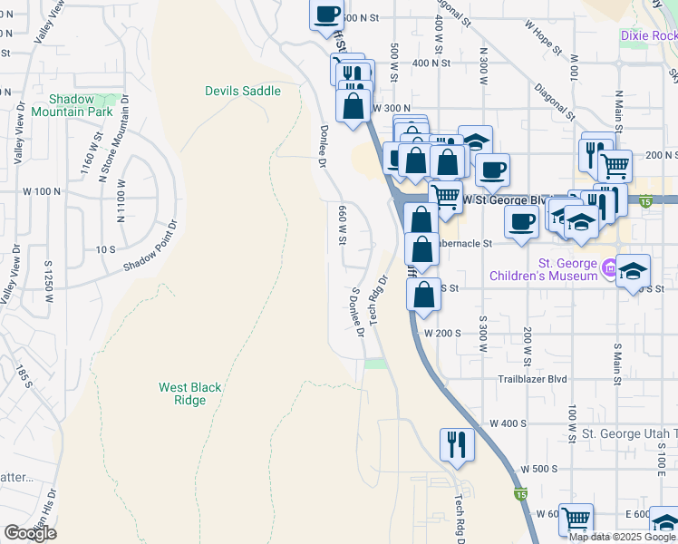 map of restaurants, bars, coffee shops, grocery stores, and more near 663 West 65 South in St. George