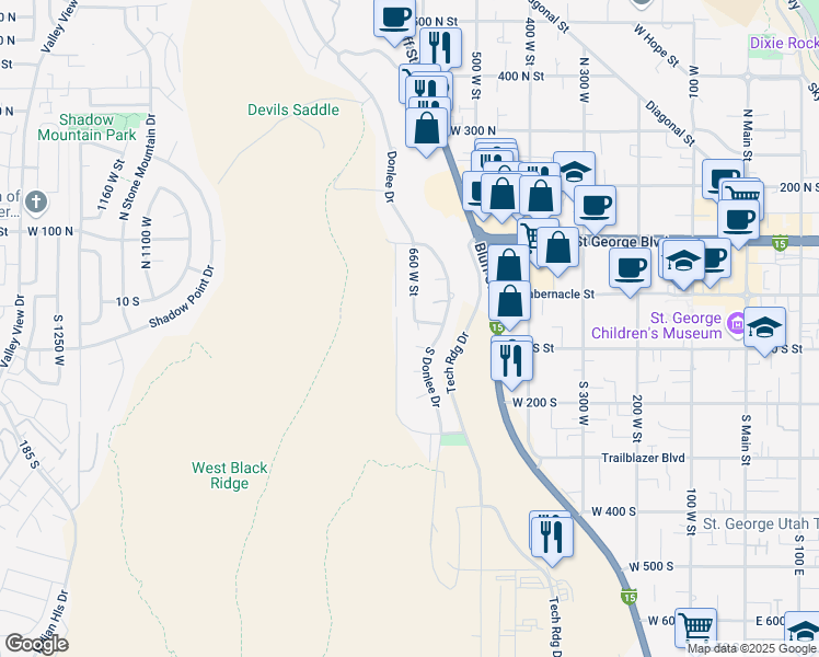 map of restaurants, bars, coffee shops, grocery stores, and more near 663 West 65 South in St. George