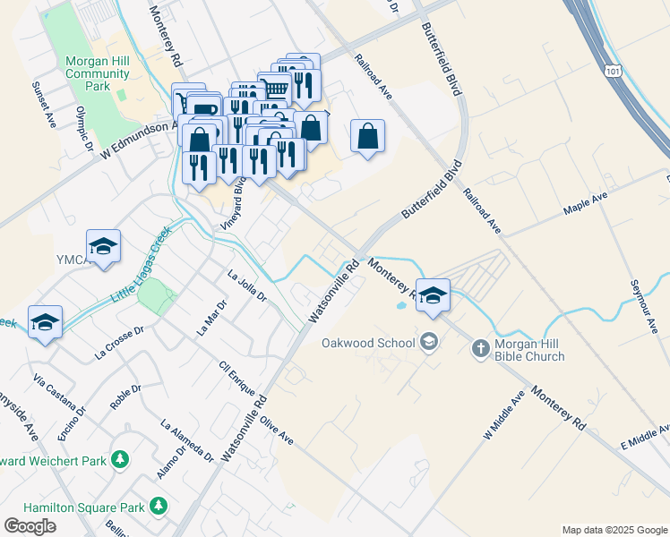 map of restaurants, bars, coffee shops, grocery stores, and more near 15503 Salerno Lane in Morgan Hill